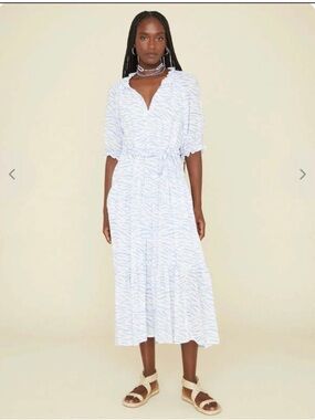 Xirena Lyta Midi Dress Blue Wave Zebra Print Cotton Maxi Dress Pockets L
